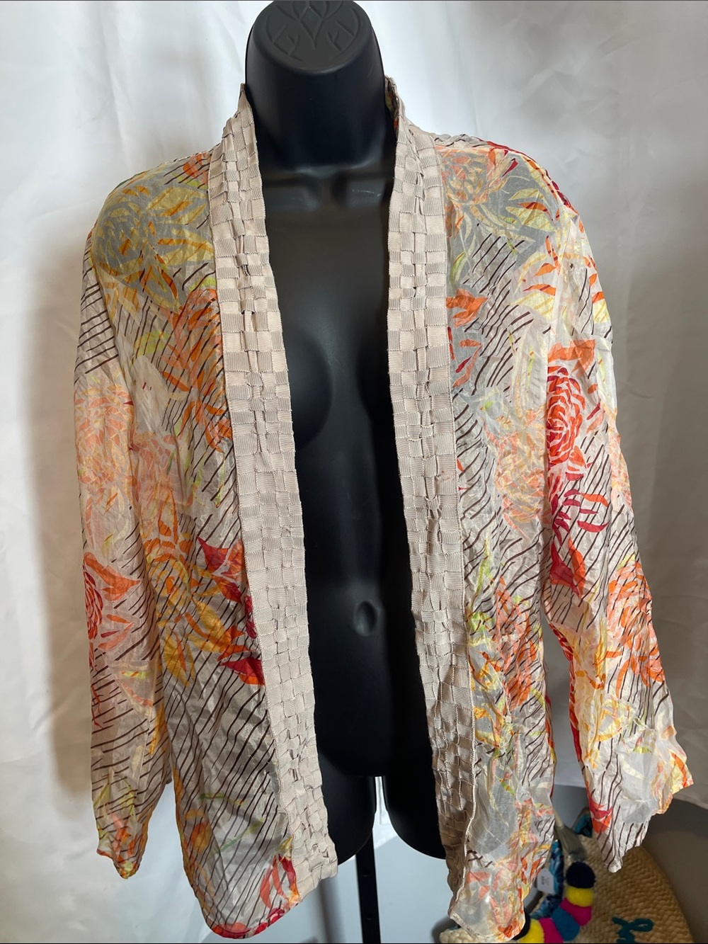 Chico's Lightweight Floral Patchwork Open Cardigan in Cream, Orange, Red